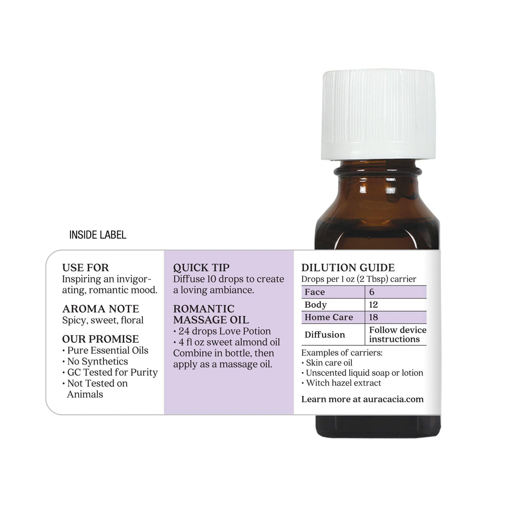 Aura Cacia Love Potion packaging image shows recyclable bottle and eco-friendly design.