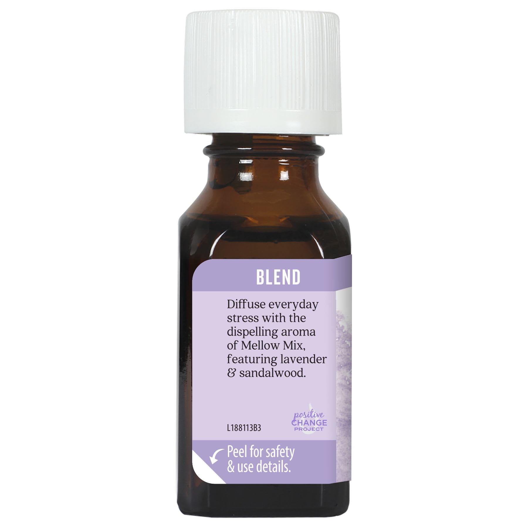 Aura Cacia Mellow Mix close-up on the label highlighting pure essential oils.