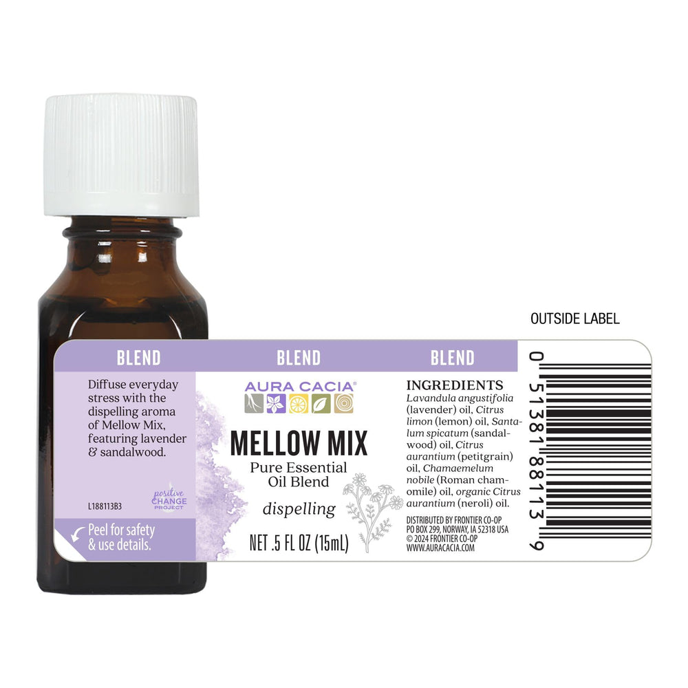Aura Cacia Mellow Mix diffuser in a calm room scene for relaxation.