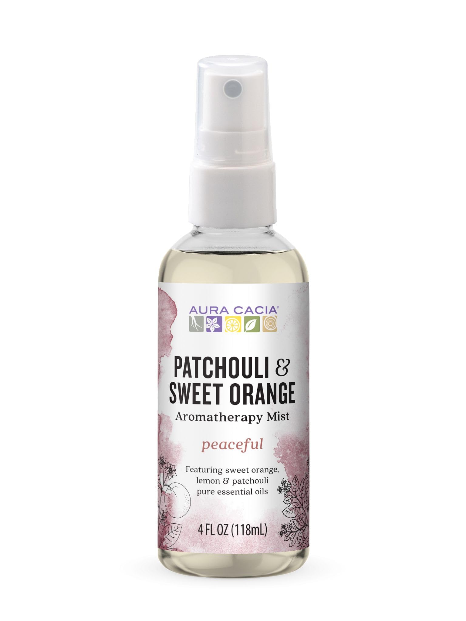 Aura Cacia Mist aromaterapia Patchouli Naranja Dulce, botella lista para perfumar el cuerpo.