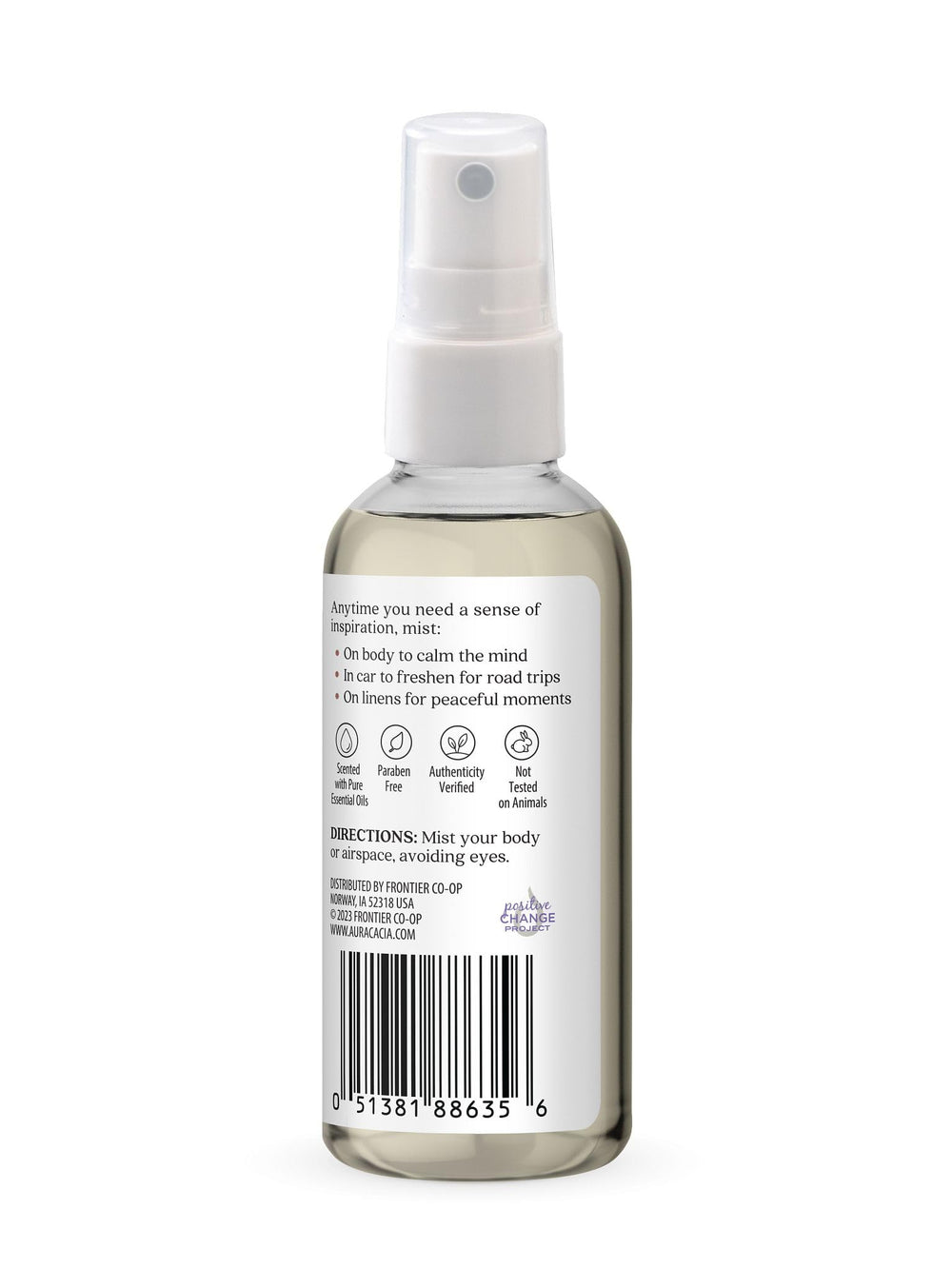Aura Cacia Mist en envase de aluminio, protege el contenido y facilita transporte.