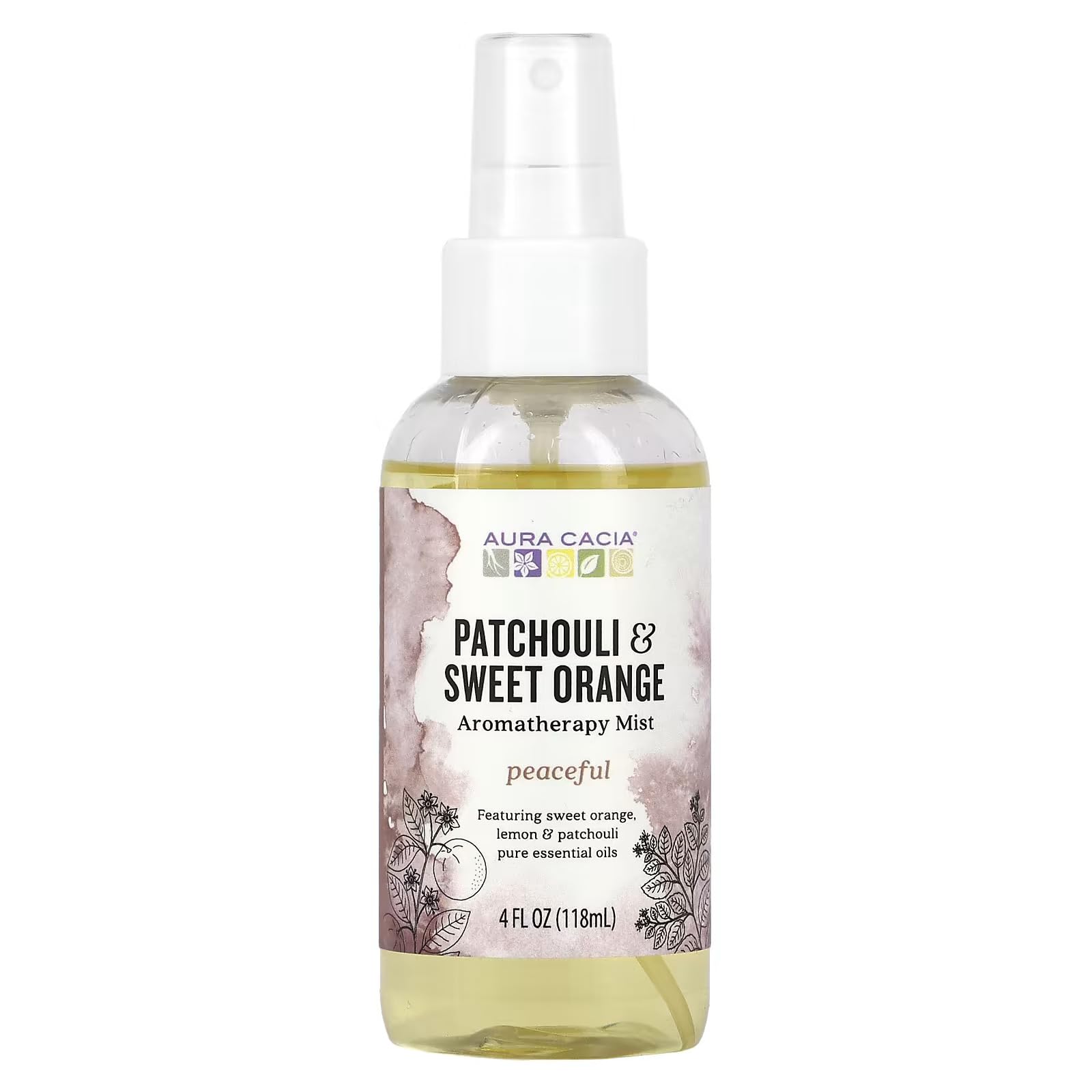 Aura Cacia Patchouli Sweet Orange Aromatherapy Mist bottle-front showing earthy and citrus notes