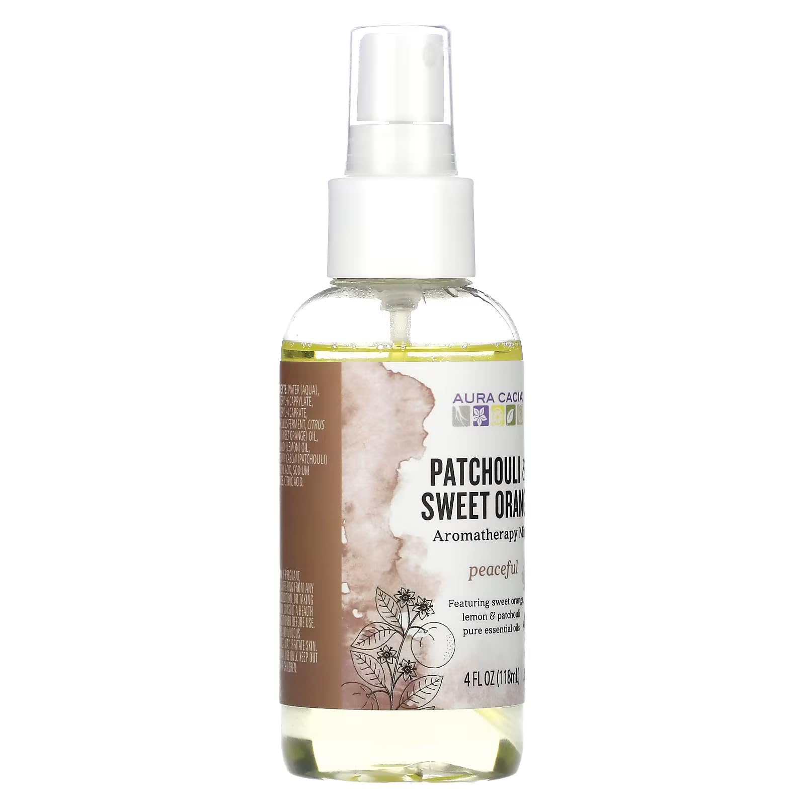 Aura Cacia Patchouli Sweet Orange Aromatherapy Mist label closeup highlighting ingredients