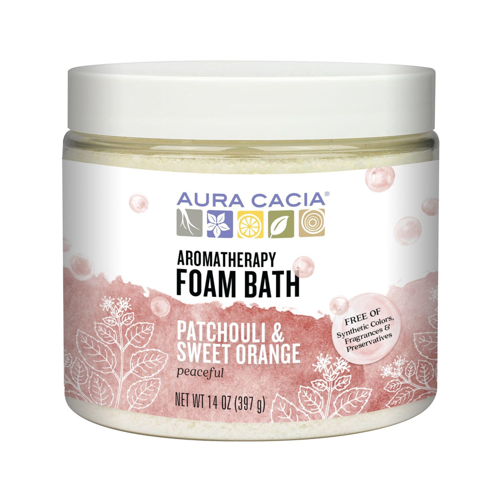 Aura Cacia foam bath jar front view with patchouli and orange aroma for calming aromatherapy
