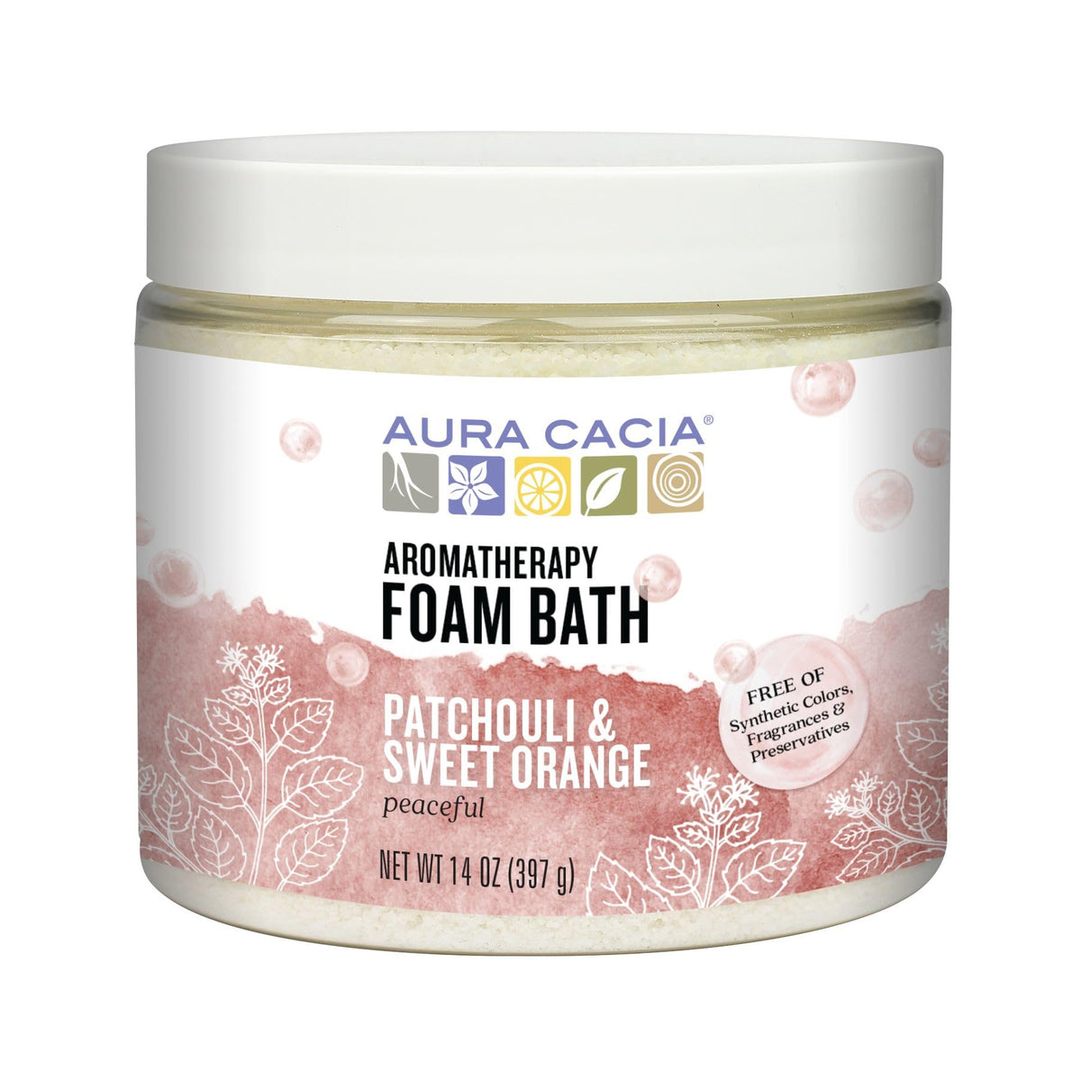 Aura Cacia foam bath jar front view with patchouli and orange aroma for calming aromatherapy