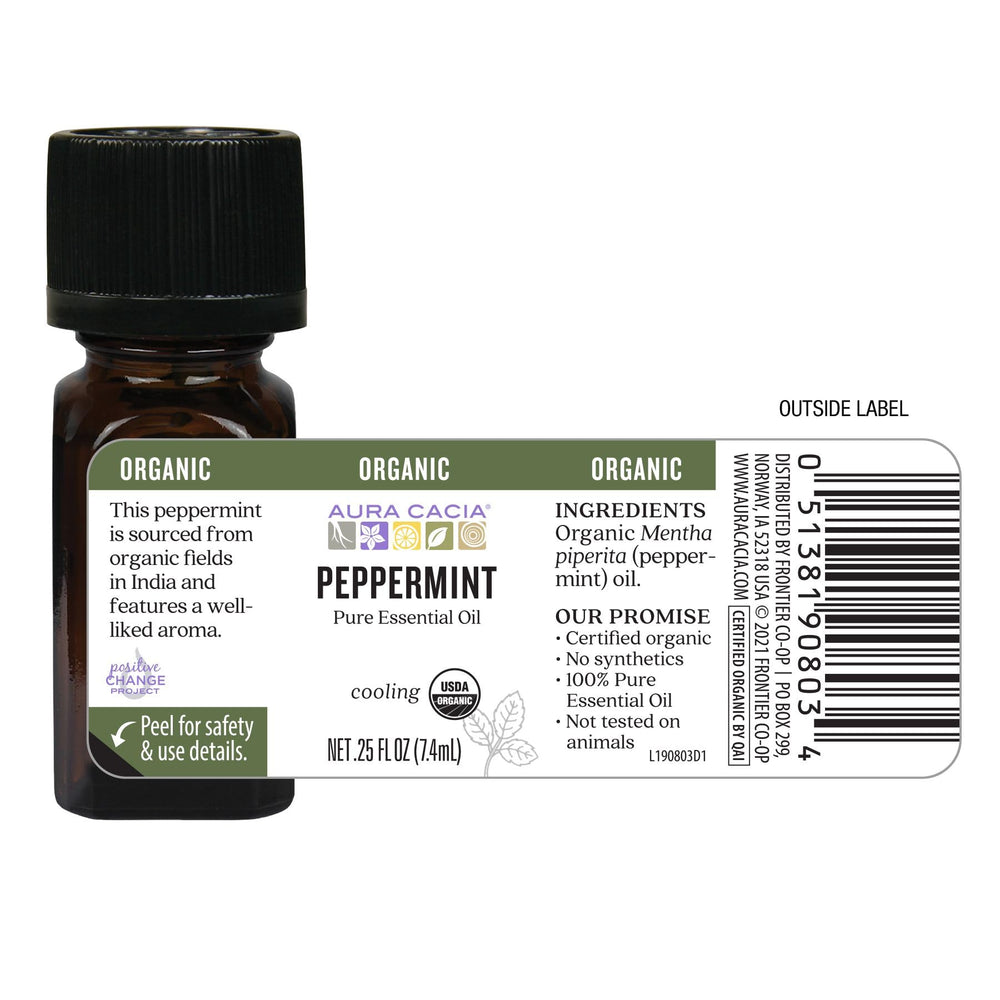 Aura Cacia peppermint oil with lavender and carrier oil for soothing massage blend.