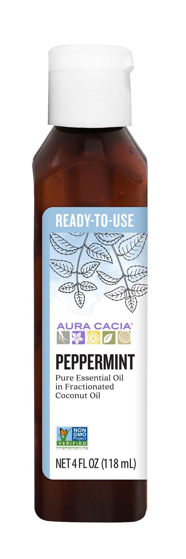 Aura Cacia peppermint oil bottle pour showing ready-to-use application.