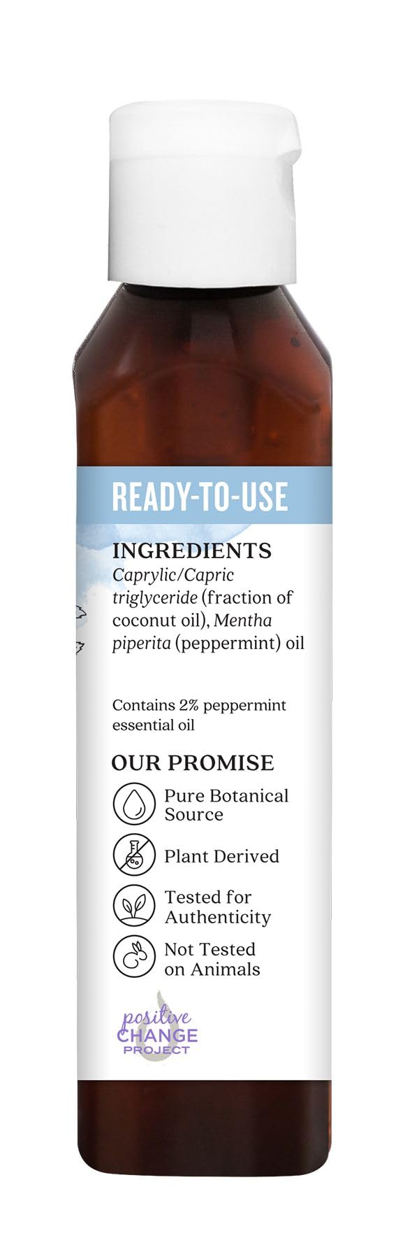 Aura Cacia peppermint oil on skin illustrating refreshing topical use.