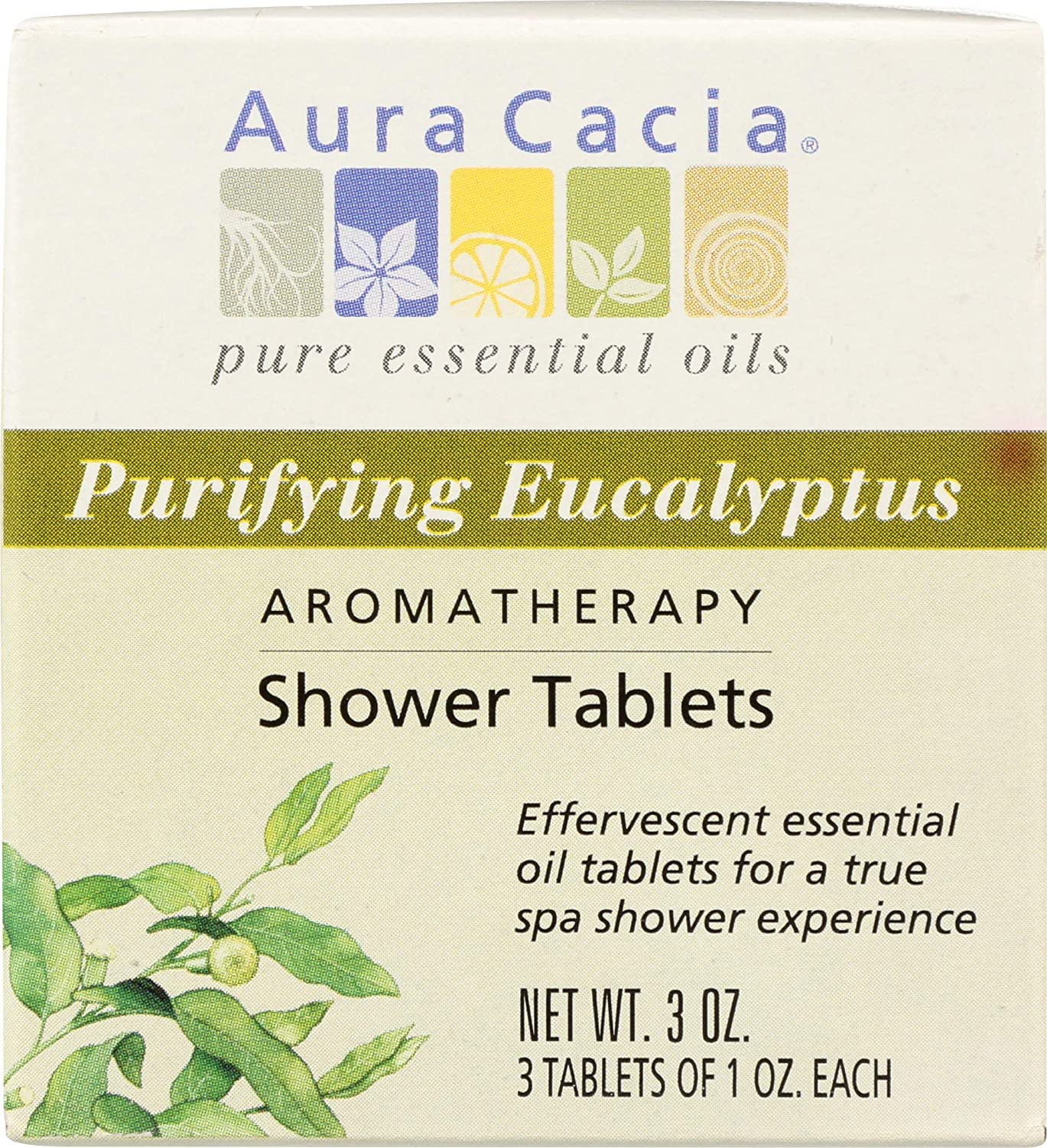 Aura Cacia purifying eucalyptus tablets in packaging highlight natural ingredients for a refreshing shower.