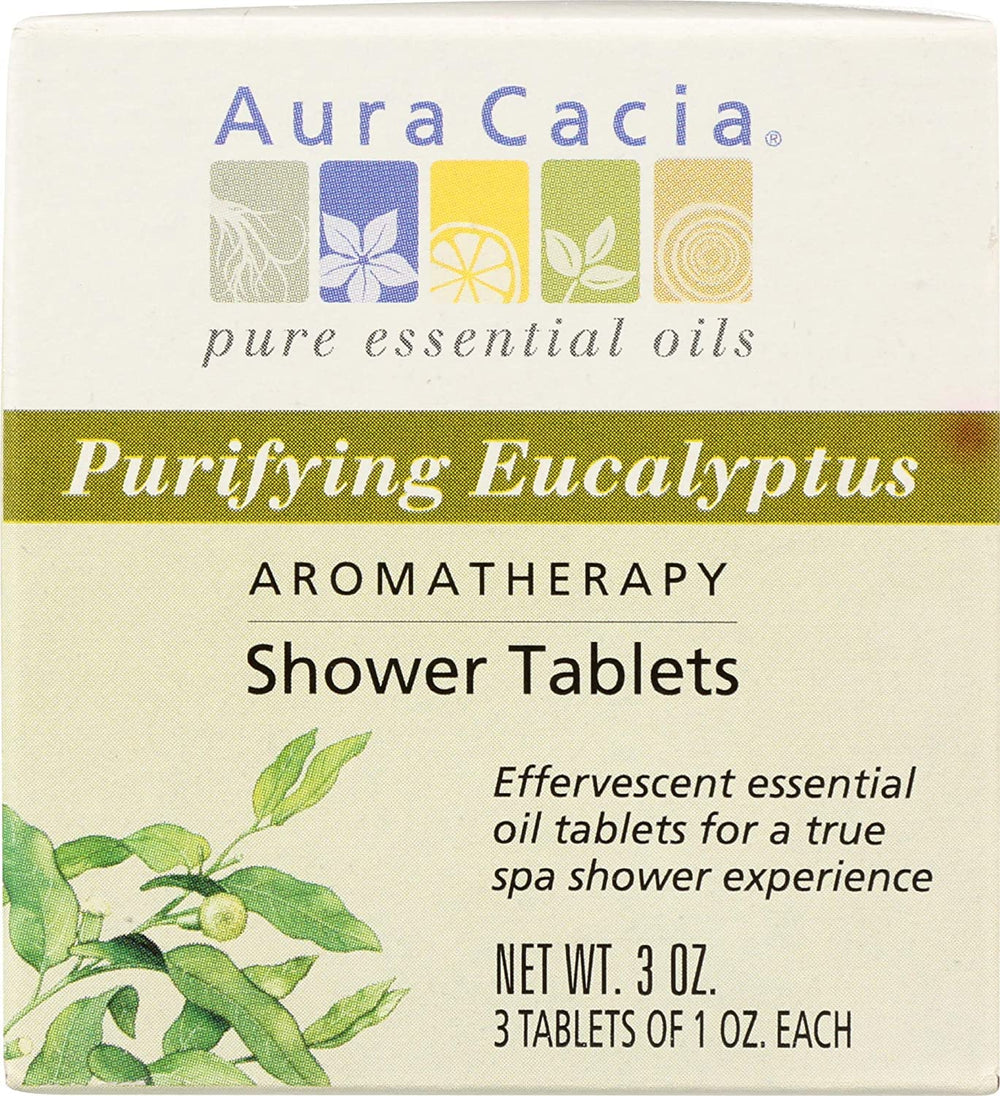 Aura Cacia purifying eucalyptus tablets in packaging highlight natural ingredients for a refreshing shower.