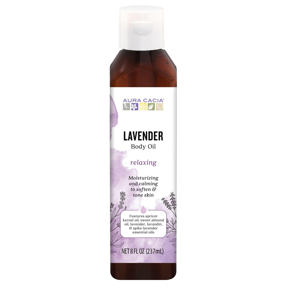 Aura Cacia Relaxing Lavender body oil bottle for at-home spa