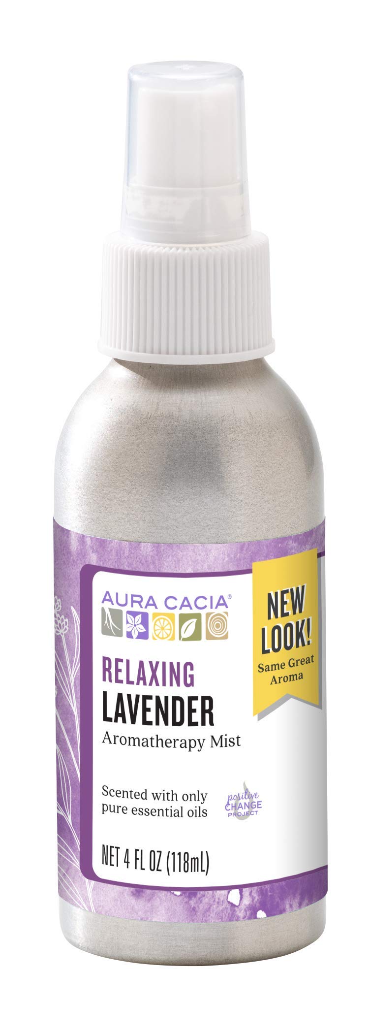 Aura Cacia Relaxing Lavender Mist bottle showing pure lavender oil for calming ambiance.