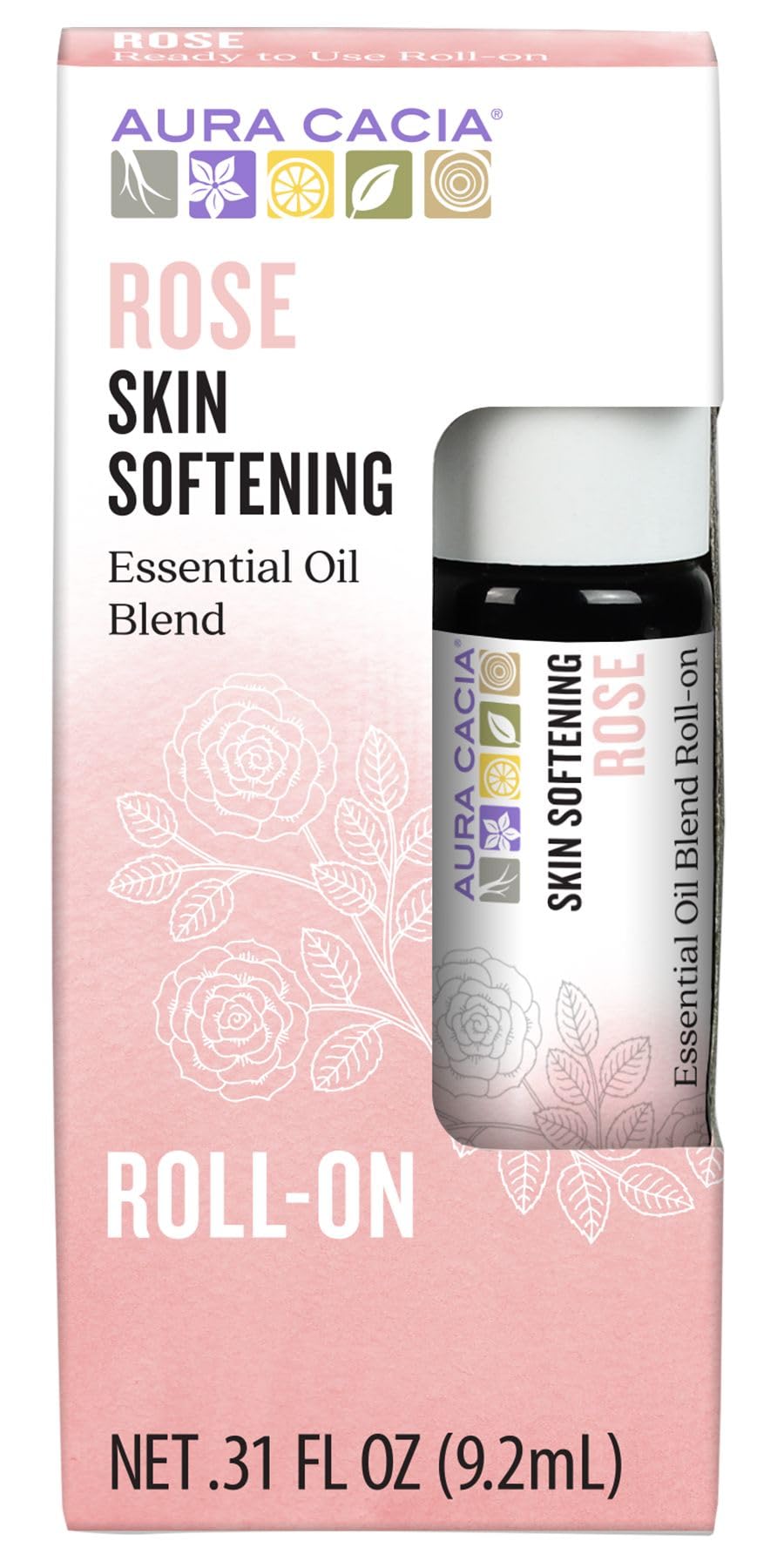 Aura Cacia Rose Roll-On bottle closeup for on-the-go aromatherapy.