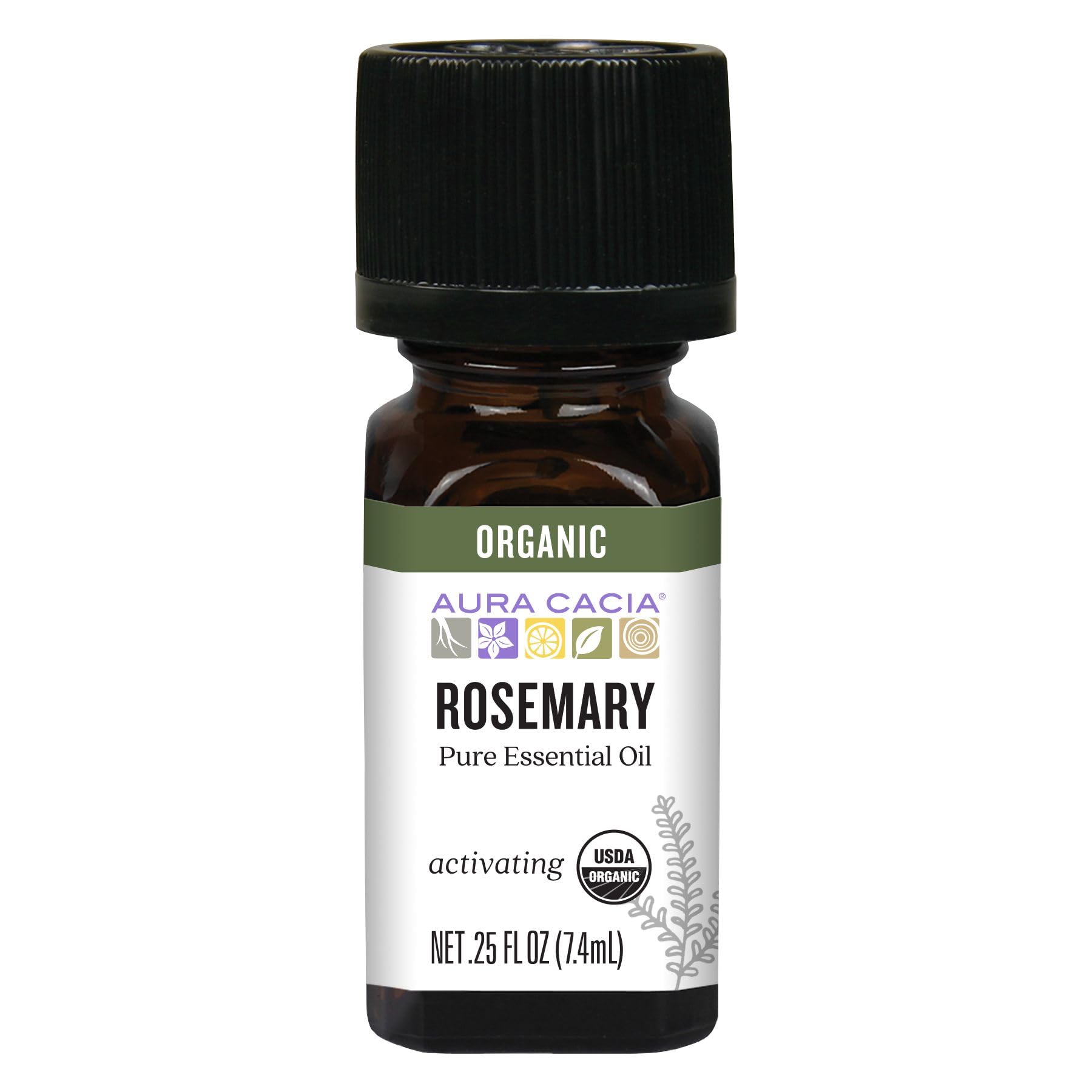 Aura Cacia rosemary essential oil bottle for pure aromatherapy sessions