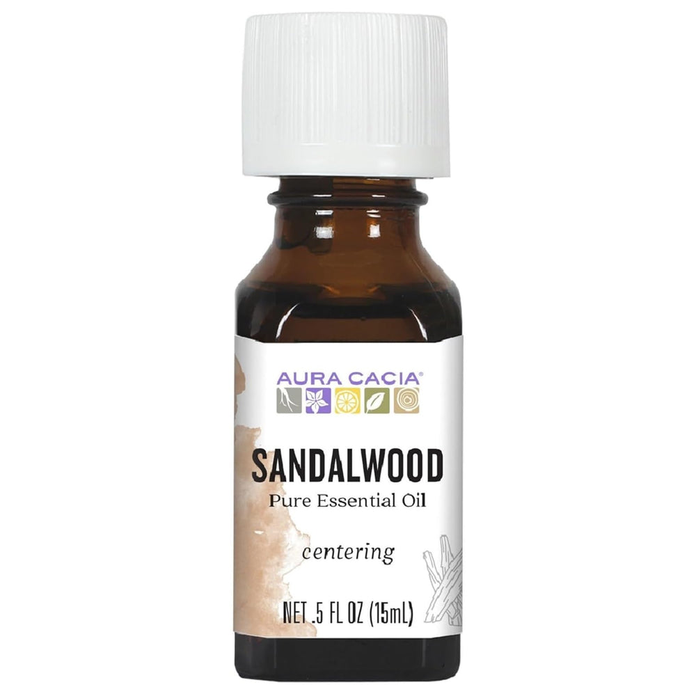Aura Cacia Sandalwood essential oil bottle with rich, grounding scent for diffusers.