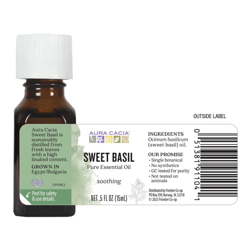 Aura Cacia Sweet Basil oil sourced in Egypt for pure aroma.