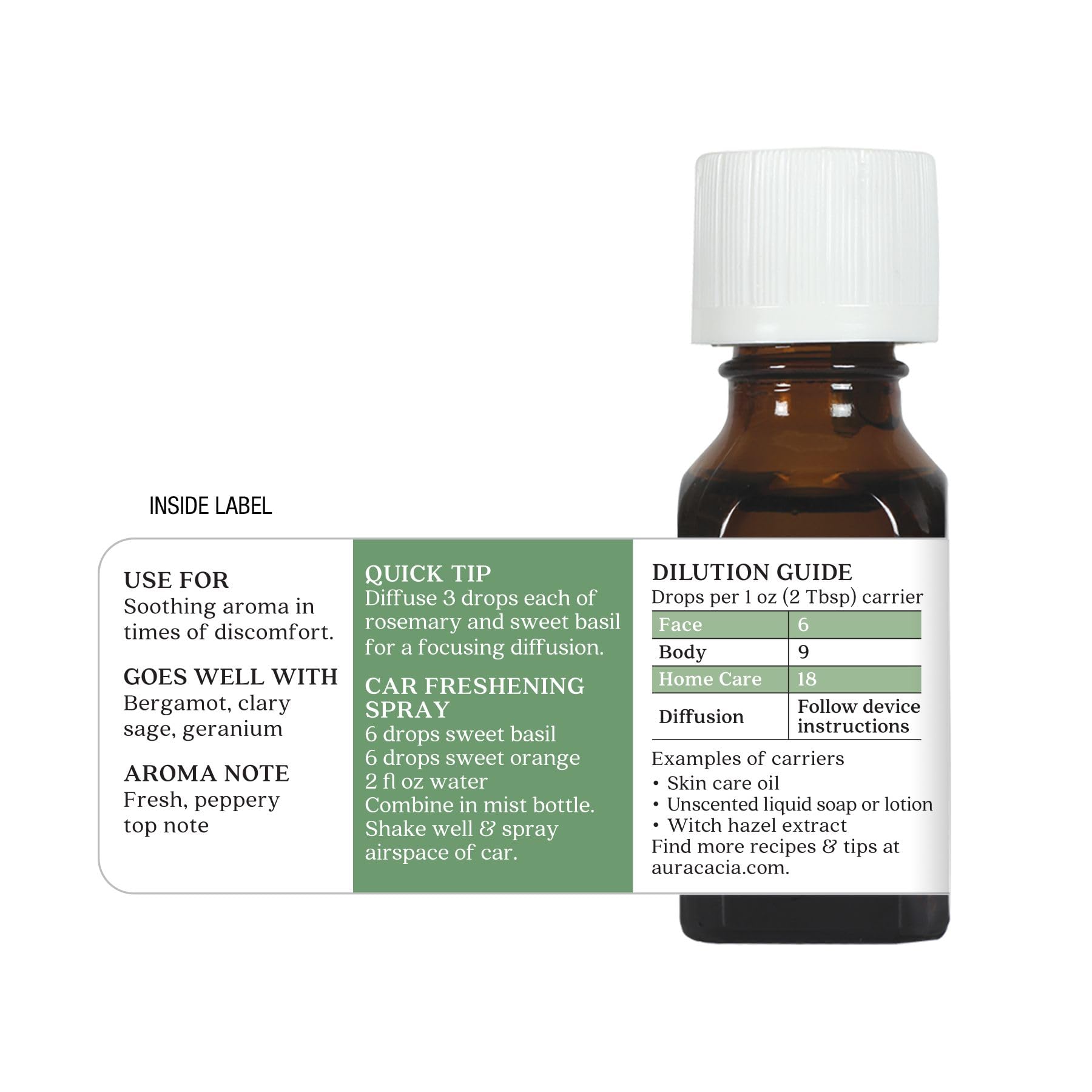 Aura Cacia Sweet Basil packaging designed for eco-friendly storage.
