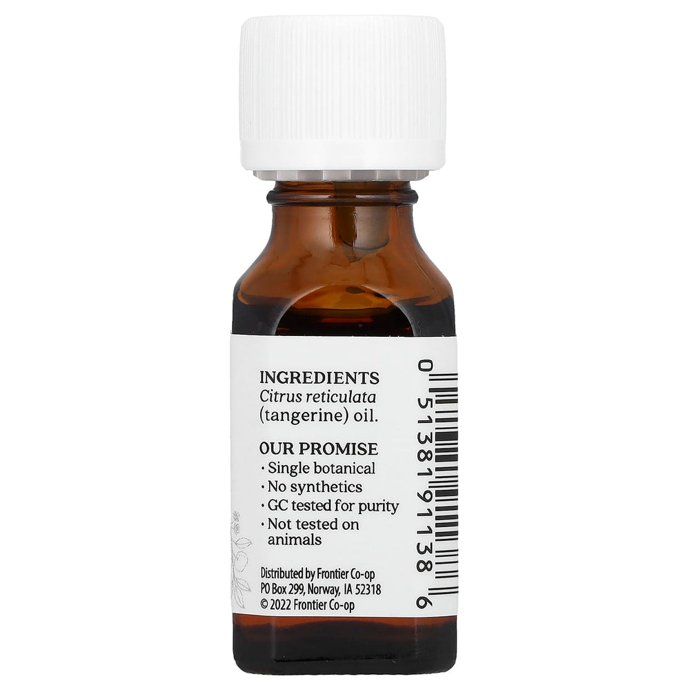Aura Cacia Tangerine essential oil label highlighting purity for blends.
