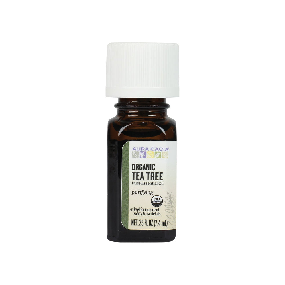 Aura Cacia Tea Tree Oil bottle for versatile cleansing and aroma enhancements.