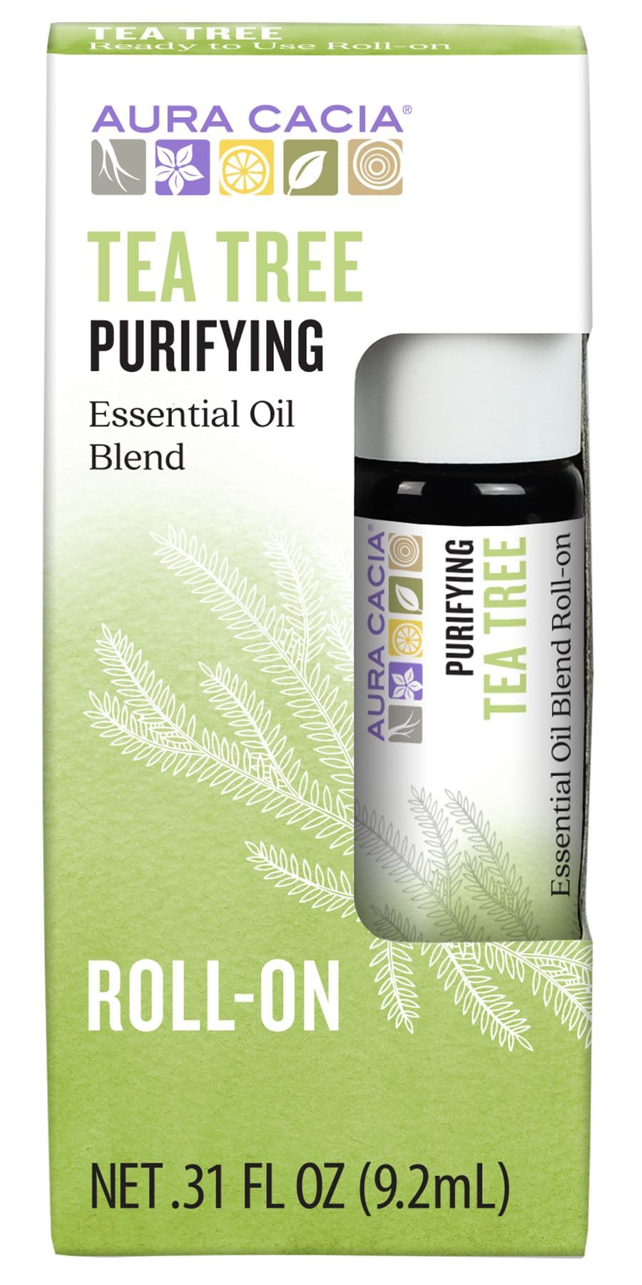 Aura Cacia Tea Tree Roll-On bottle close-up for portable cleansing
