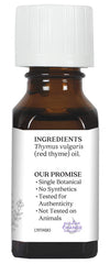 Aura Cacia Thyme Red label close-up highlights branding and quality for confident purchase.