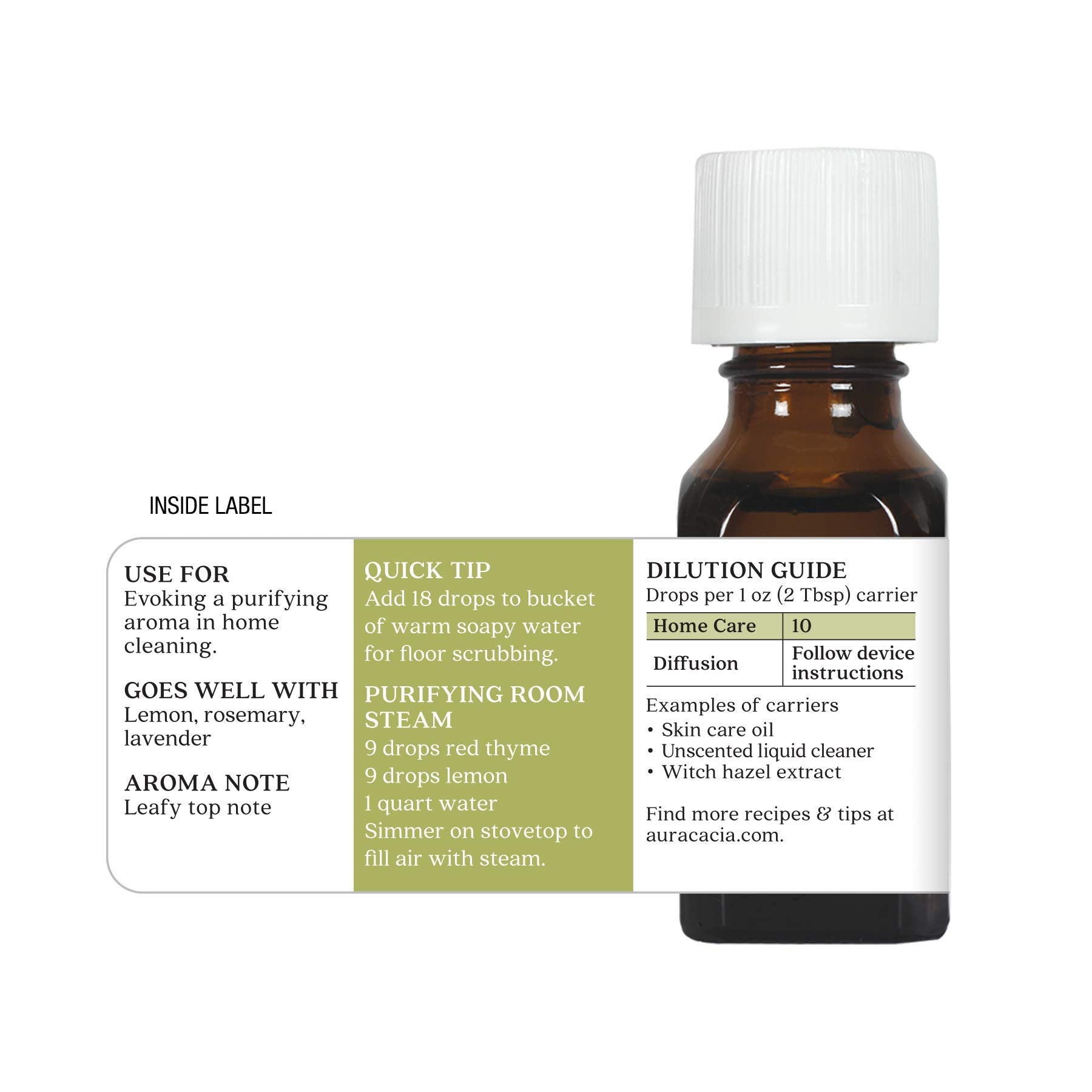Aura Cacia Thyme Red packaging showcases product details for informed choice.