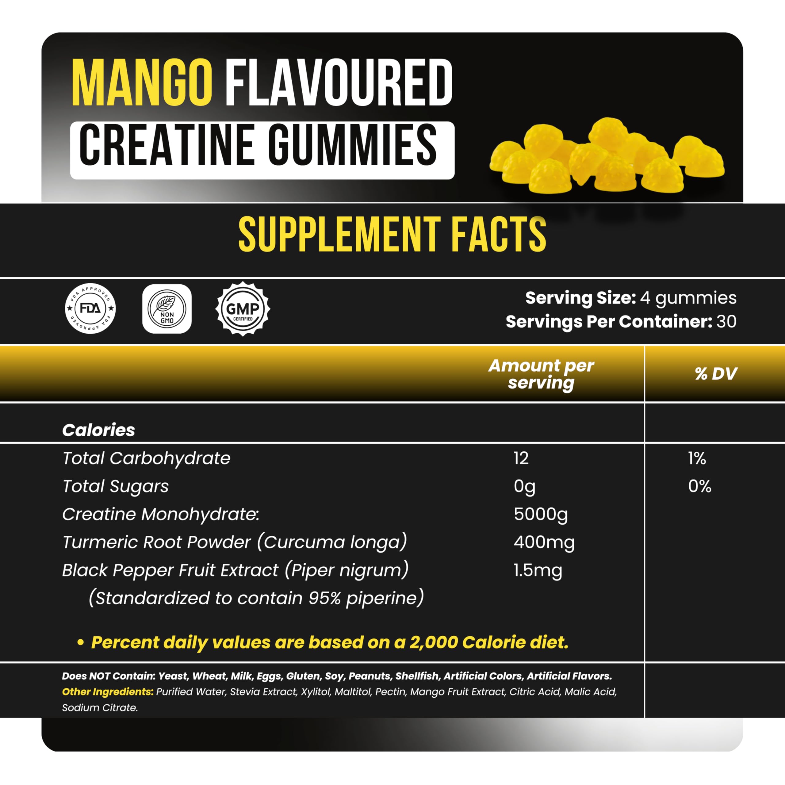 Aura HK Creatine Gummies mango flavor serving highlights sugar-free energy support.