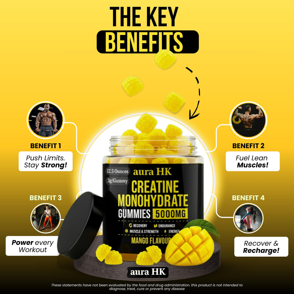 Aura HK Creatine Gummies sugar-free label conveys a clean, allergen-friendly option.