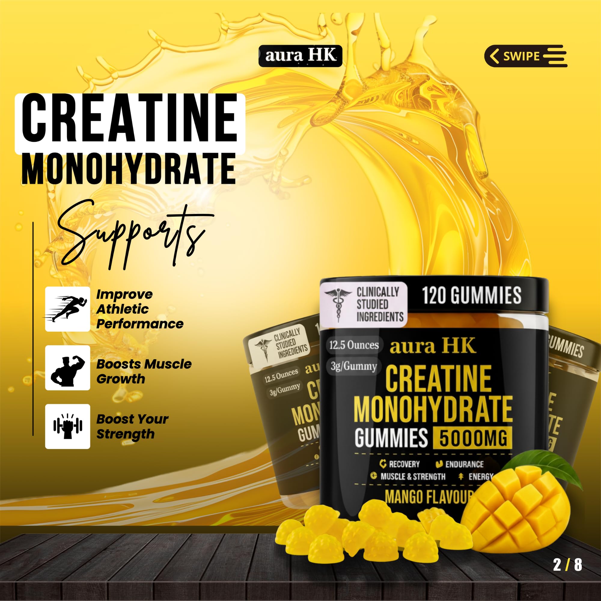Aura HK Creatine Gummies turmeric-black pepper image suggests enhanced absorption potential.