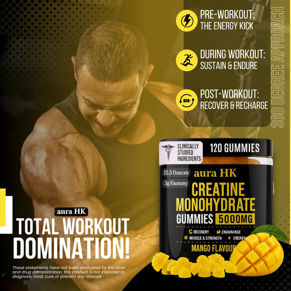 Aura HK Creatine Gummies vegan ingredients panel emphasizes plant-based adult formula.