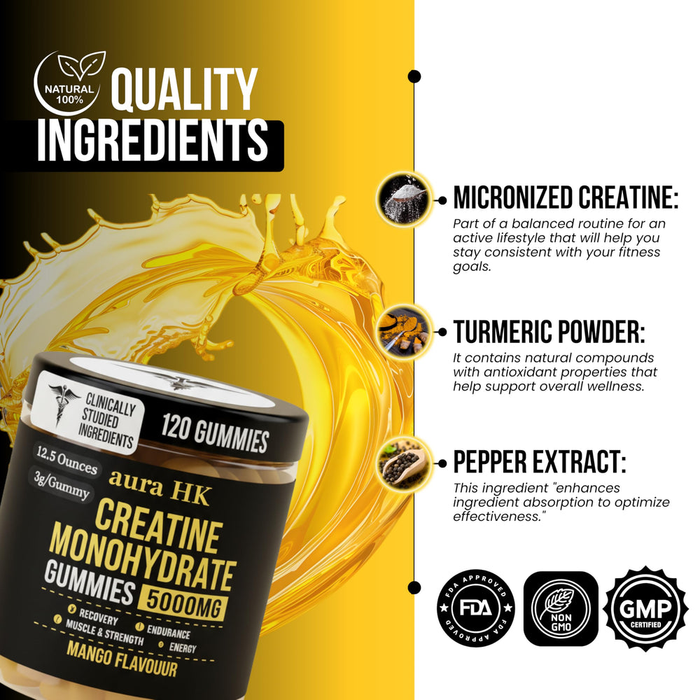 Aura HK Creatine Gummies athletes using bottle image implies workout support.