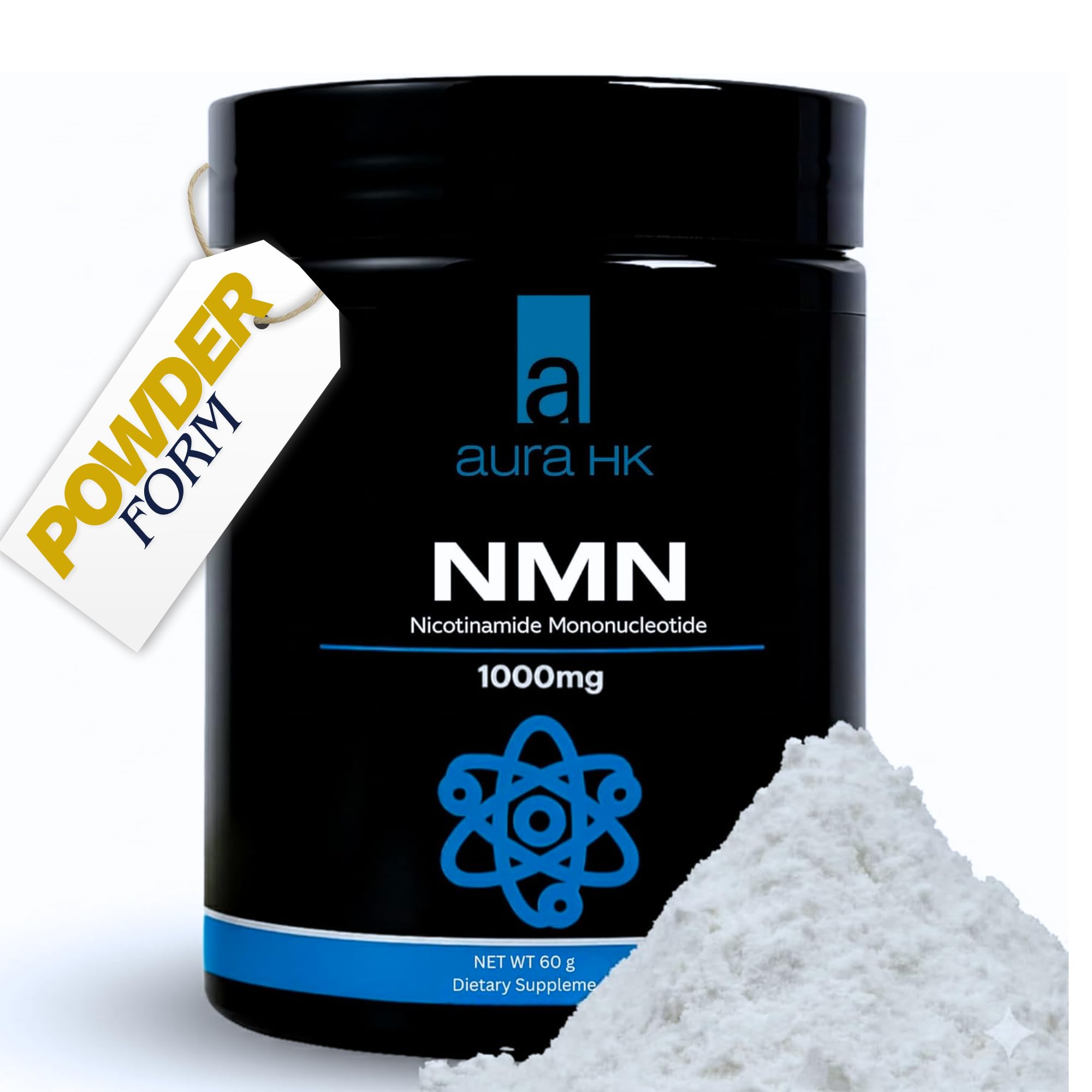 Aura HK NAD+ precursor powder bottle shown for daily NAD+ support and convenient dosing.