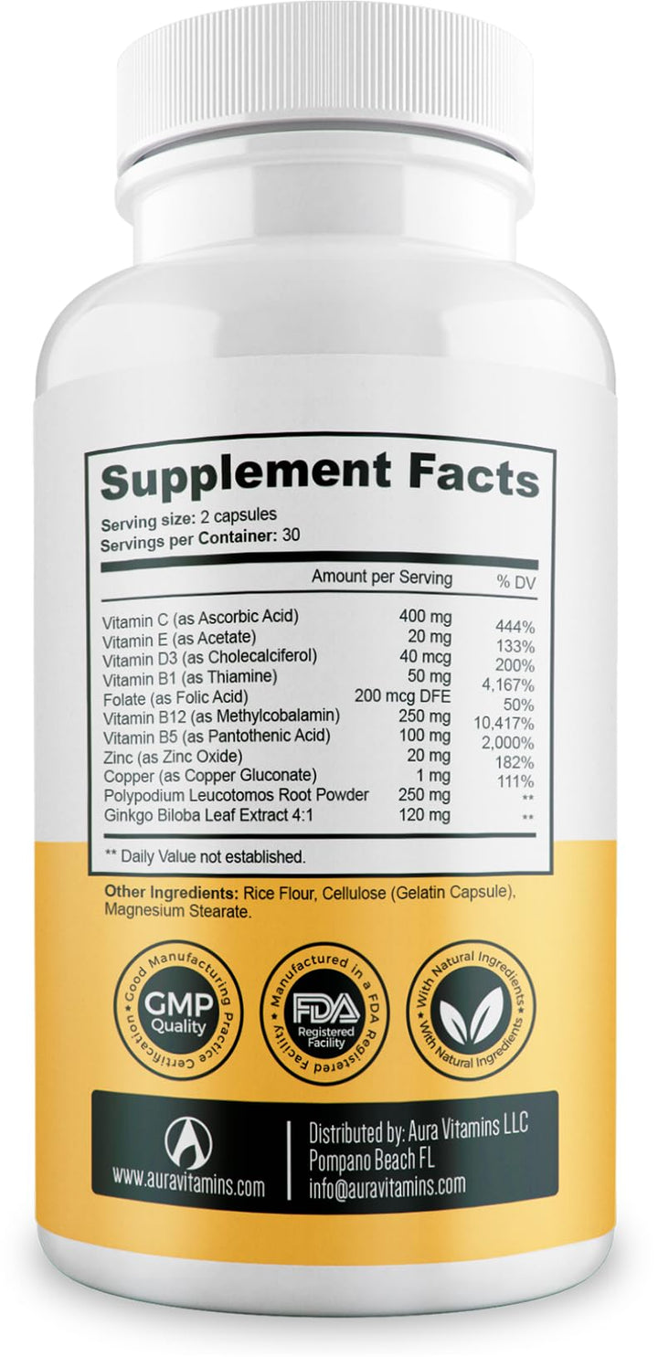 Aura Vitamins Dermawonder bottle close-up highlights capsule coating.