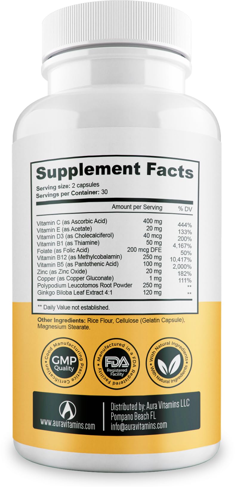 Aura Vitamins Dermawonder capsules with water for morning ritual.