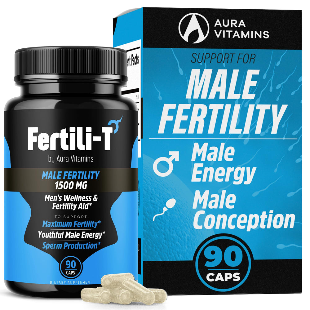 Aura Vitamins Fertili-T bottle front showing capsules supporting energy and reproductive wellness.