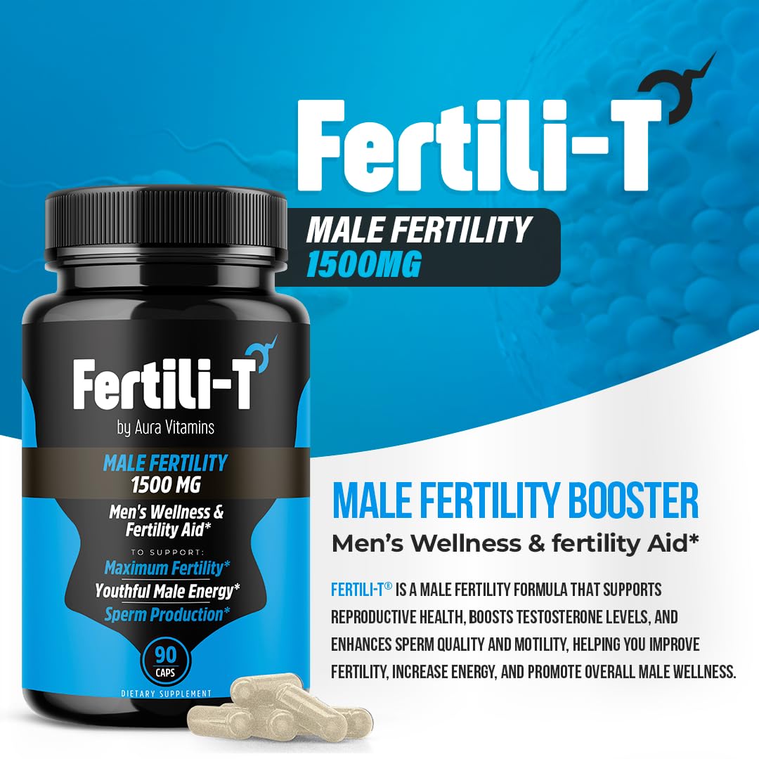 Aura Vitamins Fertili-T bottle side label highlights 1500 mg formula and daily serving.