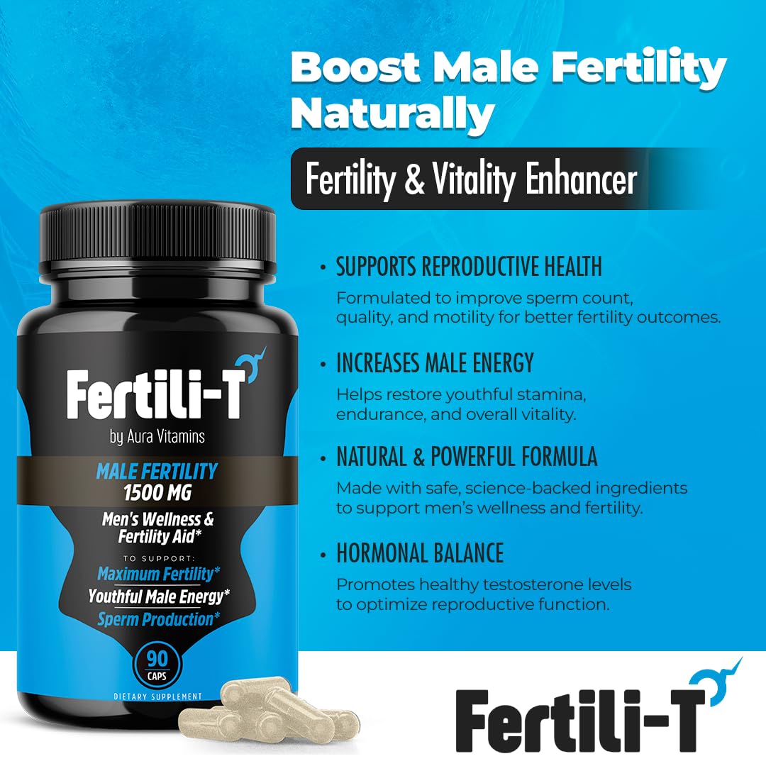 Aura Vitamins Fertili-T pour bottle showing serving reminder and convenient three-capsule dose.