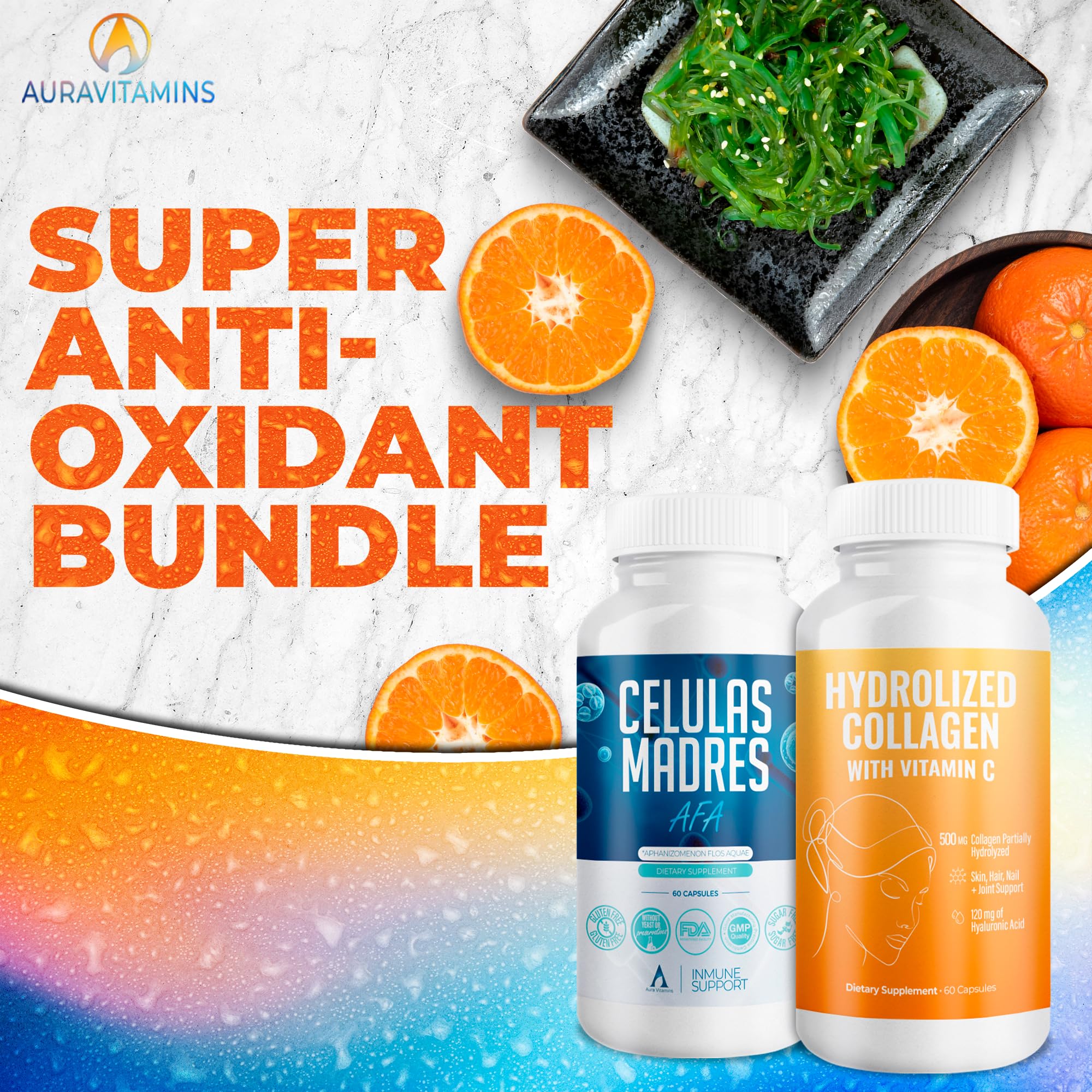 Aura Vitamins Mega Antioxidant Bundle capsules close-up highlighting skin support with collagen and AFA.