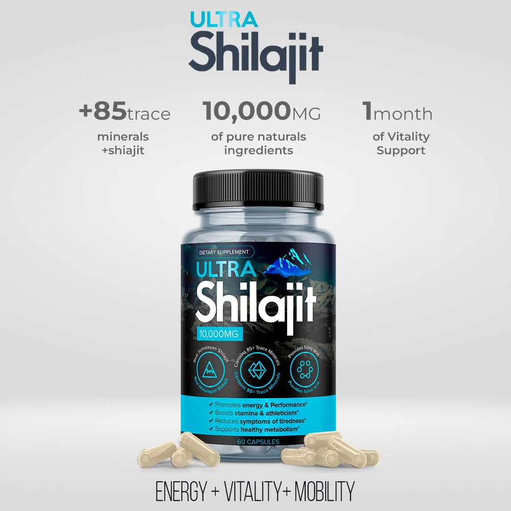 Aura Vitamins Ultra Shilajit amber bottle protecting potency from light.