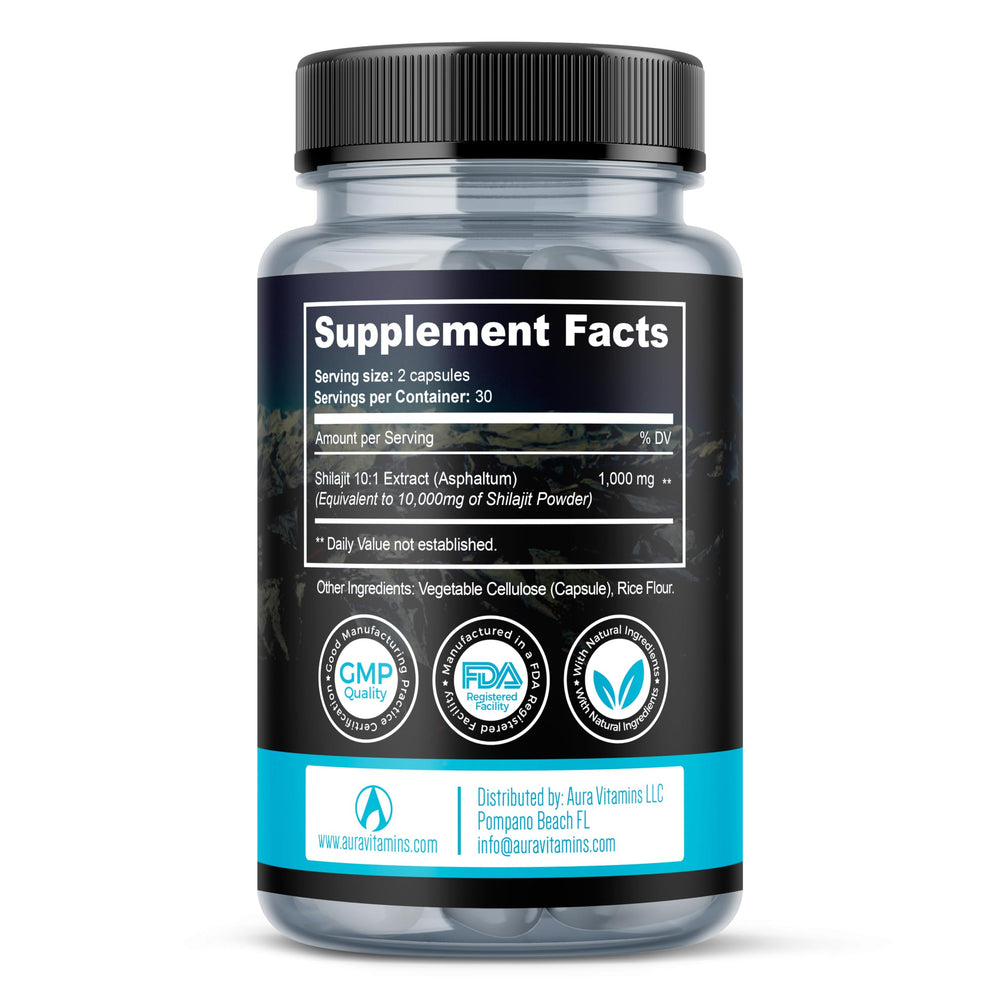Aura Vitamins Ultra Shilajit energy boost visual suggesting sustained vitality.