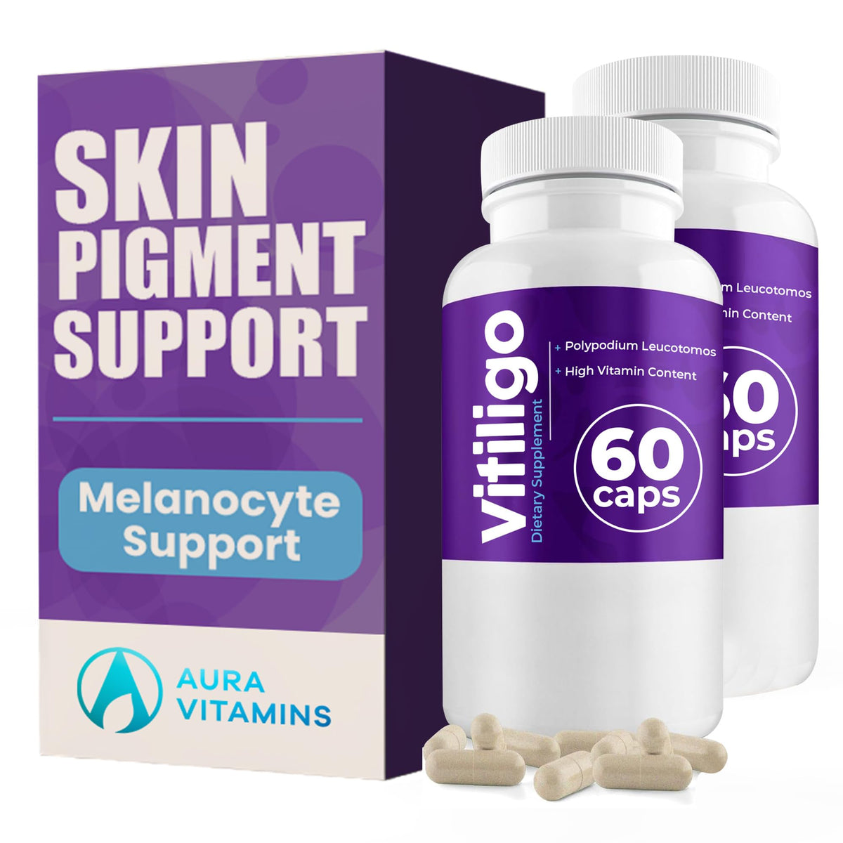 Aura Vitamins Vitiligo Capsules bottle front highlights pigmentation support