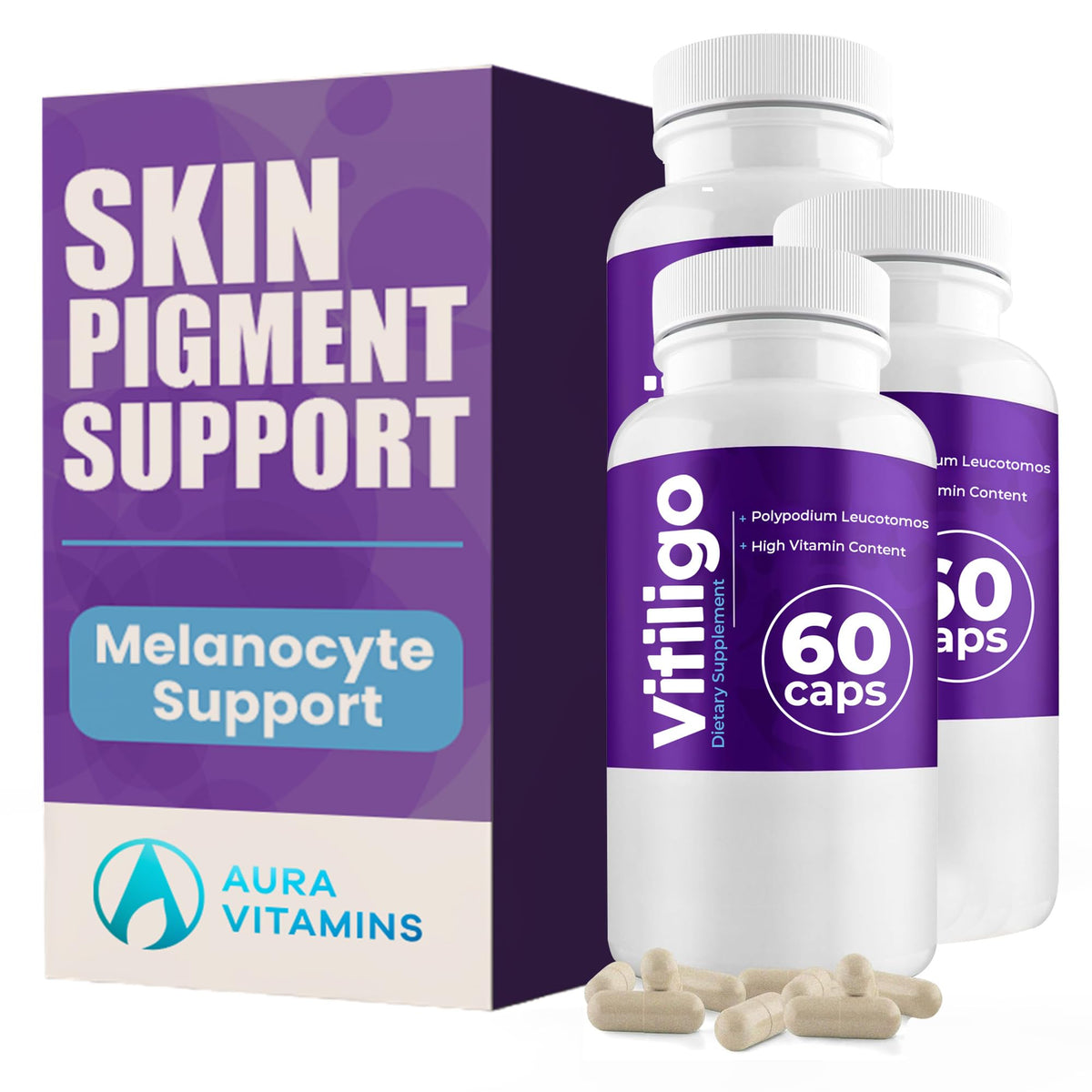 Aura Vitamins Vitiligo Capsules bottle front promotes daily skin balance and pigmentation.