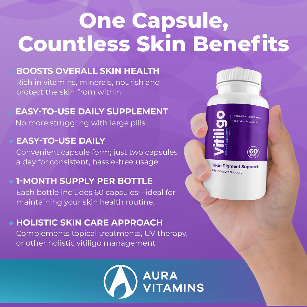 Aura Vitamins Vitiligo Capsules packaging with product details and GMP badge