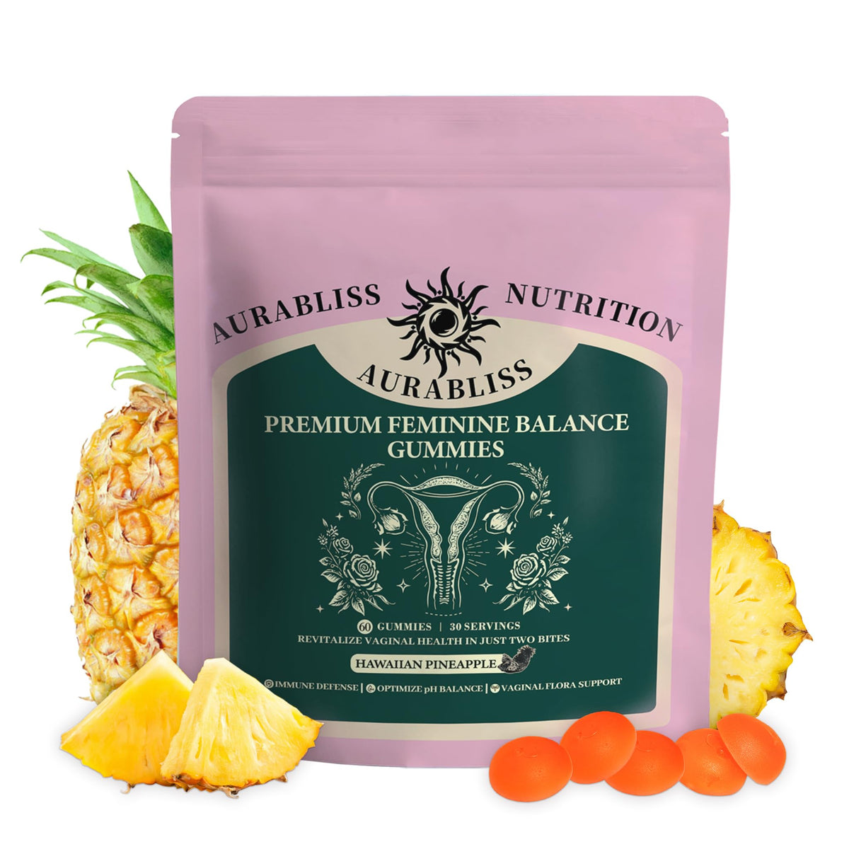 Aurabliss Balance bottle pour showing gummies for daily wellness and confidence