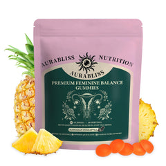 Aurabliss Balance bottle pour showing gummies for daily wellness and confidence
