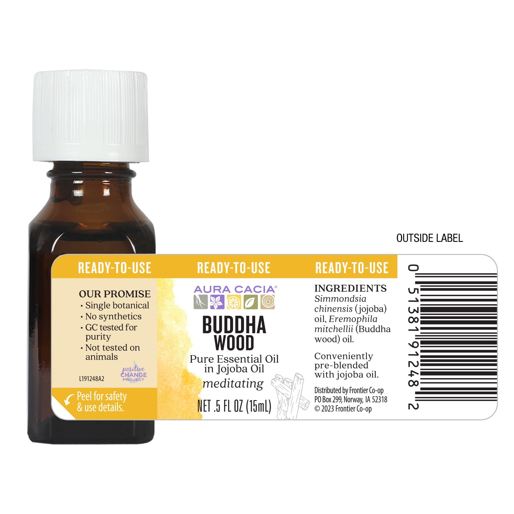 Aura Cacia Buddha Wood oil application scene emphasizes versatility.