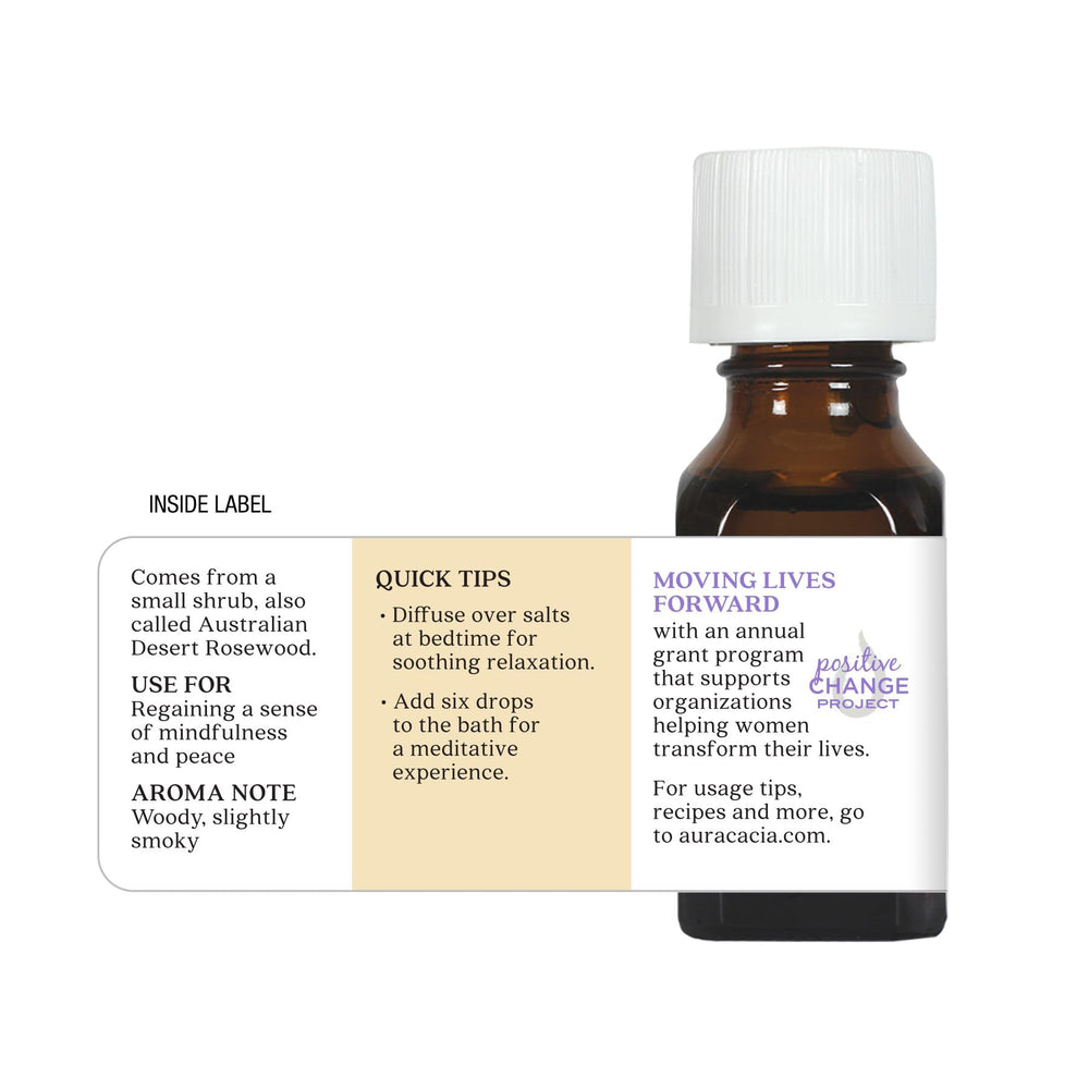 Aura Cacia Buddha Wood packaging showcases cruelty-free, no synthetics.