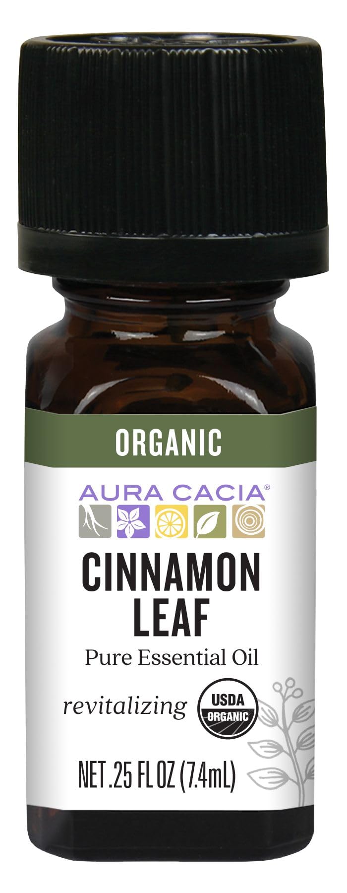 Aura Cacia Cinnamon Leaf Oil bottle for aromatherapy and diffuser use.