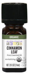 Aura Cacia Cinnamon Leaf Oil bottle for aromatherapy and diffuser use.