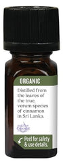 Top view of Aura Cacia Cinnamon Leaf Oil in amber bottle.